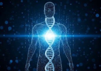 Digital human figure with dna helix and binary code overlay against a dark blue background with bokeh