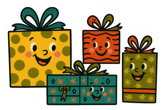 Cartoon gift boxes characters celebrating holidays, presenting a cheerful design with animated faces