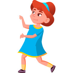 Young Girl With Red Hair Wearing A Blue Dress And Yellow Trim Dancing Joyfully