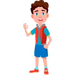 Young boy wearing a blue shirt red vest and blue shorts giving an okay gesture on a white background