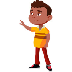Young Boy with Dark Hair and Brown Eyes Wearing a Yellow and Orange Striped Polo Shirt and Red Pants Dancing with Transparent Background