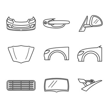 Thin line icons of car body parts for auto repair service. Vector illustration of vehicle exterior components like bumper, fender, and hood