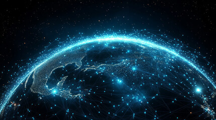 A business sphere composed of luminescent particles, representing a globally interconnected concept.