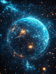 A business sphere composed of luminescent particles, representing a globally interconnected concept.