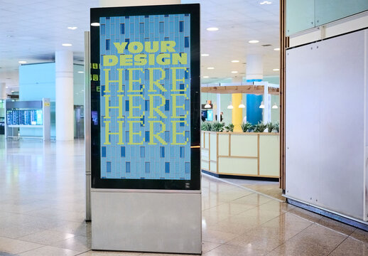 Mockup of AD Digital led Screen at airport terminal. place-based media