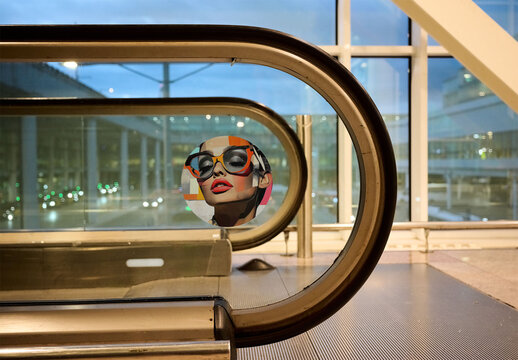 Circular sticker for escalator in airport terminal