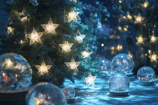 A Christmas tree glowing with star-shaped lights, surrounded by reflective ornaments and glowing snow globes