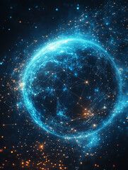 A business sphere composed of luminescent particles, representing a globally interconnected concept.