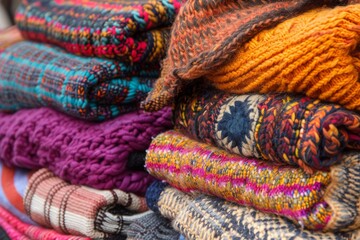 Fototapeta premium A closeup view of a stack of colorful knitted scarves