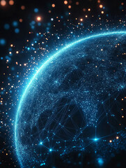 A business sphere composed of luminescent particles, representing a globally interconnected concept.