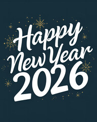 Happy New Year 2026 card, digital greeting card, festive design, dark blue background, gold snowflakes, golden stars, elegant holiday card, luxury design, modern typography, winter celebration, holida