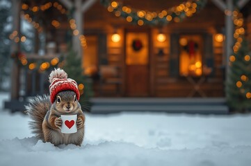 Adorable fluffy squirrel wearing a red knitted hat and scarf stands in the snow outside a cozy log cabin decorated for christmas