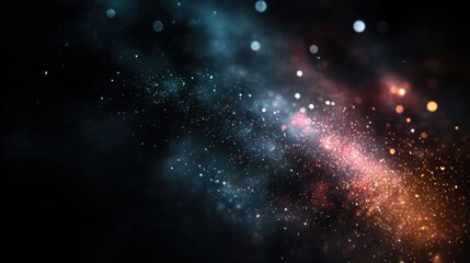 Commercial high-resolution photo of abstract cosmic dust cloud with glowing particles in vibrant orange and blue hues against a dark background.