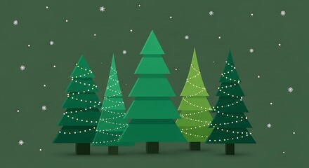 winter illustration featuring four stylized Christmas trees