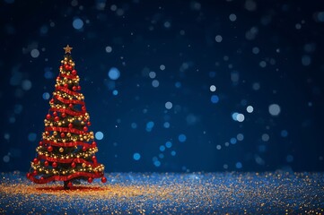 A beautifully decorated christmas tree illuminated with warm lights stands tall in a snowy dark blue night with falling snowflakes and bokeh