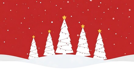 Christmas illustration of four white Christmas trees with golden stars and tiny red ornaments