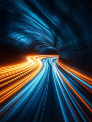 High-speed light trails inside a tunnel at night - a technological background