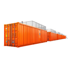 Vibrant orange shipping containers lined up in a dynamic industrial scene, perfect for logistics