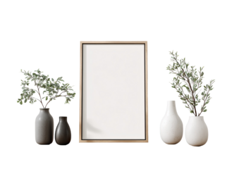 A vertical framed artwork with vases on both sides, greenery displayed inside