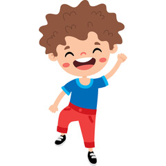 Joyful Cartoon Boy with Curly Hair Wearing Blue Shirt and Red Pants Jumping and Smiling with Open Mouth and Closed Eyes on Transparent Background
