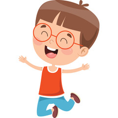 Joyful Cartoon Boy with Glasses and Orange Shirt Jumping with Arms Outstretched in a Dynamic Pose Against a White Background