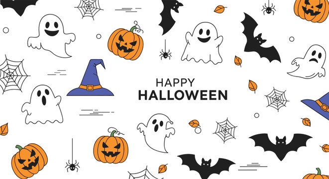 A cheerful Halloween pattern background featuring ghosts, pumpkins, bats, spiders, witch hats, spiderwebs, and the greeting 'Happy Halloween'.
