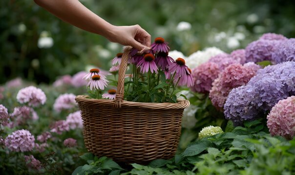 hand picking an echinacea flower out of a bed of echinacea, rudbeckia, poppies and hydrangea and placing it into a wire basket - Powered by Adobe