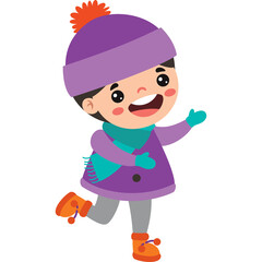 Joyful Cartoon Child Wearing Winter Hat Scarf and Coat with Orange Boots on Transparent Background