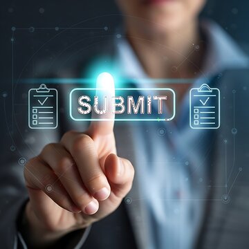 Person pressing a digital submit button with a clipboard interface