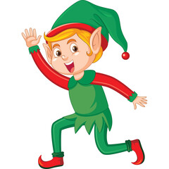 Joyful cartoon elf character in green and red outfit with pointed hat waving happily in a dynamic pose against a clean white backdrop ideal for holiday promotions