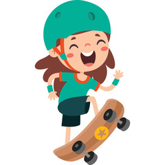 Joyful cartoon girl with brown hair and turquoise helmet rides skateboard with orange accents in a teal shirt and dark shorts outdoors