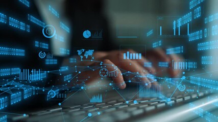A close-up view of hands typing on a keyboard, overlaid with a digital interface featuring various graphs and charts, representing data analytics in a professional environment. Xenic - Powered by Adobe