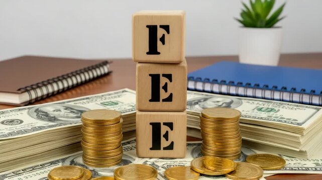 Financial Charges: Wooden FEE Blocks Surrounded by Dollar Bills and Coins for Transaction Costs.