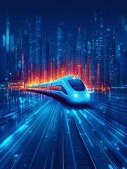 Futuristic high-speed trains weave through city skylines