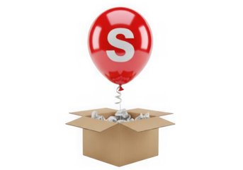 Red balloon with letter s floating out of a cardboard box isolated on transparent background