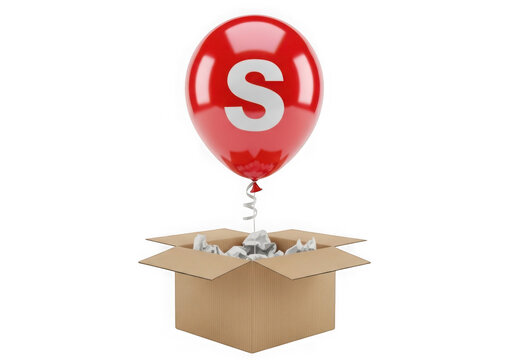 Red balloon with letter s floating out of a cardboard box isolated on transparent background