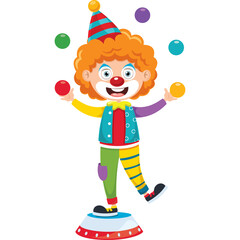 Joyful Clown with Vibrant Costume Juggling Colorful Balls on a Pedestal Against a Transparent Background
