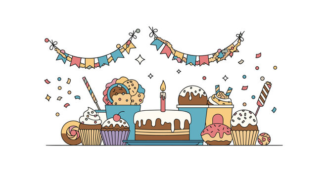 A vibrant illustration of assorted birthday party desserts, including cake, cupcakes, and ice cream, with festive banners and confetti.