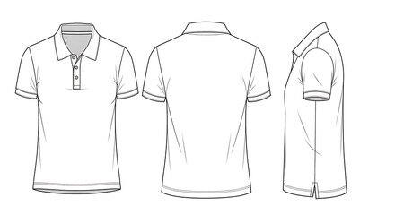 Polo shirt template, front, back and side view isolated on white background