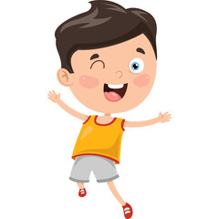 Joyful Cartoon Boy Winking and Waving Arms in Yellow Tank Top and Grey Shorts with Red Accents on Transparent Background