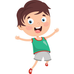 Joyful cartoon boy with brown hair and blue eyes wearing a green tank top and grey shorts in mid-air with arms outstretched and a wide smile on his face 
