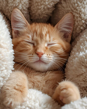 sleeping cat, cute, adorable, pet, feline, domestic animal, orange fur, cozy, peaceful, resting, fluffy, soft fur, kitten close-up, nap time, calm, serene, cute animal, small cat, baby cat, furry frie