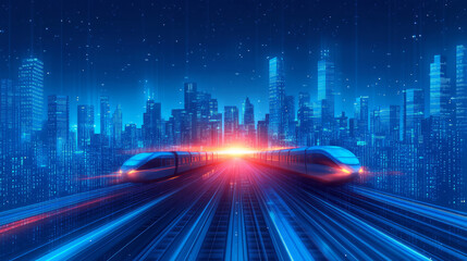 Futuristic high-speed trains weave through city skylines