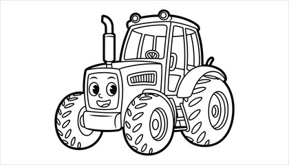 Black and white cartoon illustration of a friendly tractor with a smiling face and large wheels farm vehicle