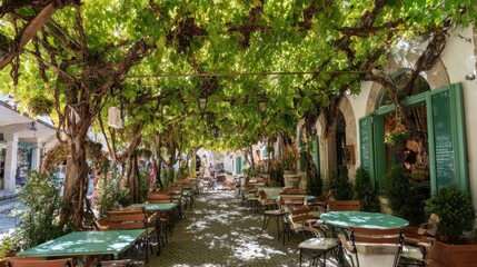 Obraz premium Winding walkway features green vines overhead and cozy tables for guests in a lively cafe scene.