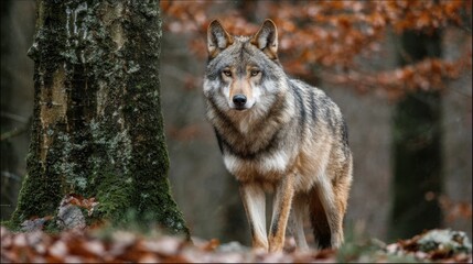 Fototapeta premium A majestic wolf stands confidently among colorful autumn leaves showcasing natures beauty.