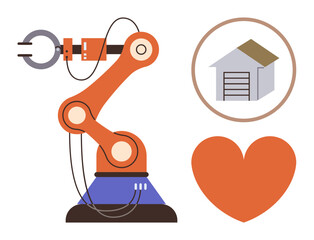 Industrial robotic arm alongside a circle with a warehouse and a heart. Ideal for technology, manufacturing, warehouse logistics, innovation, labor efficiency, industry, simple flat metaphor
