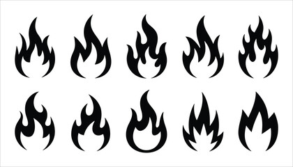 Collection of ten black stylized flame icons on a white background fire symbol