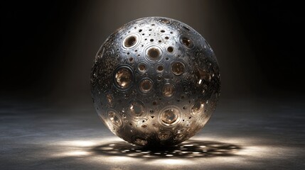 A stunning metallic sphere sits alone in a dimly lit space showing detailed patterns and reflections.