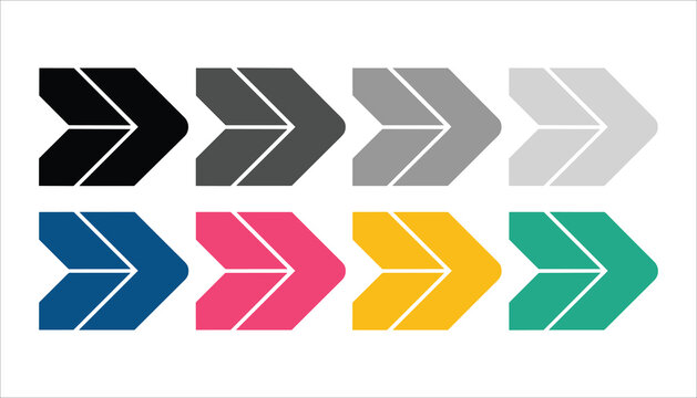 Eight chevron arrows in black gray blue pink yellow and teal colors pointing right direction movement